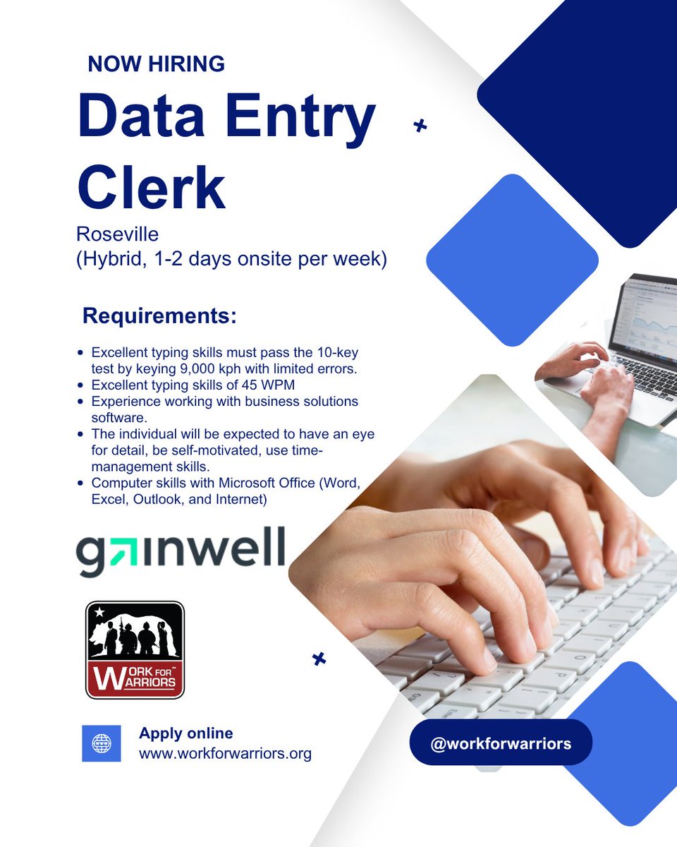 Team_WFW's tweet image. Hiring: Data Entry Clerk (Roseville, CA) with Gainwell Technologies.
45 WPM + strong 10‑key skills required.
💰 $32.6K–$46.5K/yr
📍 Greater Sacramento residents only.
📩Email martin.rivera@workforwarriors.org to apply
#NowHiring #RosevilleJobs #DataEntry #Hiring
