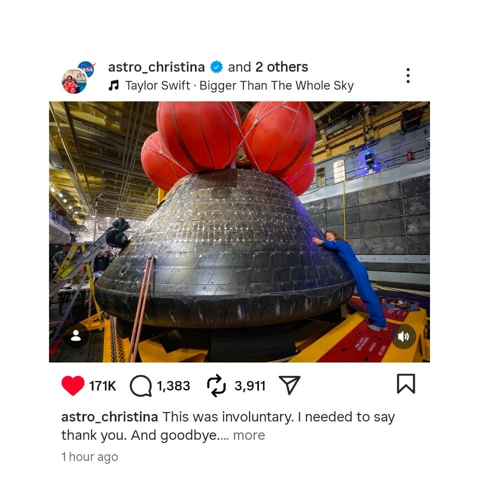 TheTSDaily's tweet image. 📲| Astronaut Christina Koch, part of the Artemis II crew, recently posted a new photo on Instagram using “Bigger Than the Whole Sky” by Taylor Swift as the audio.