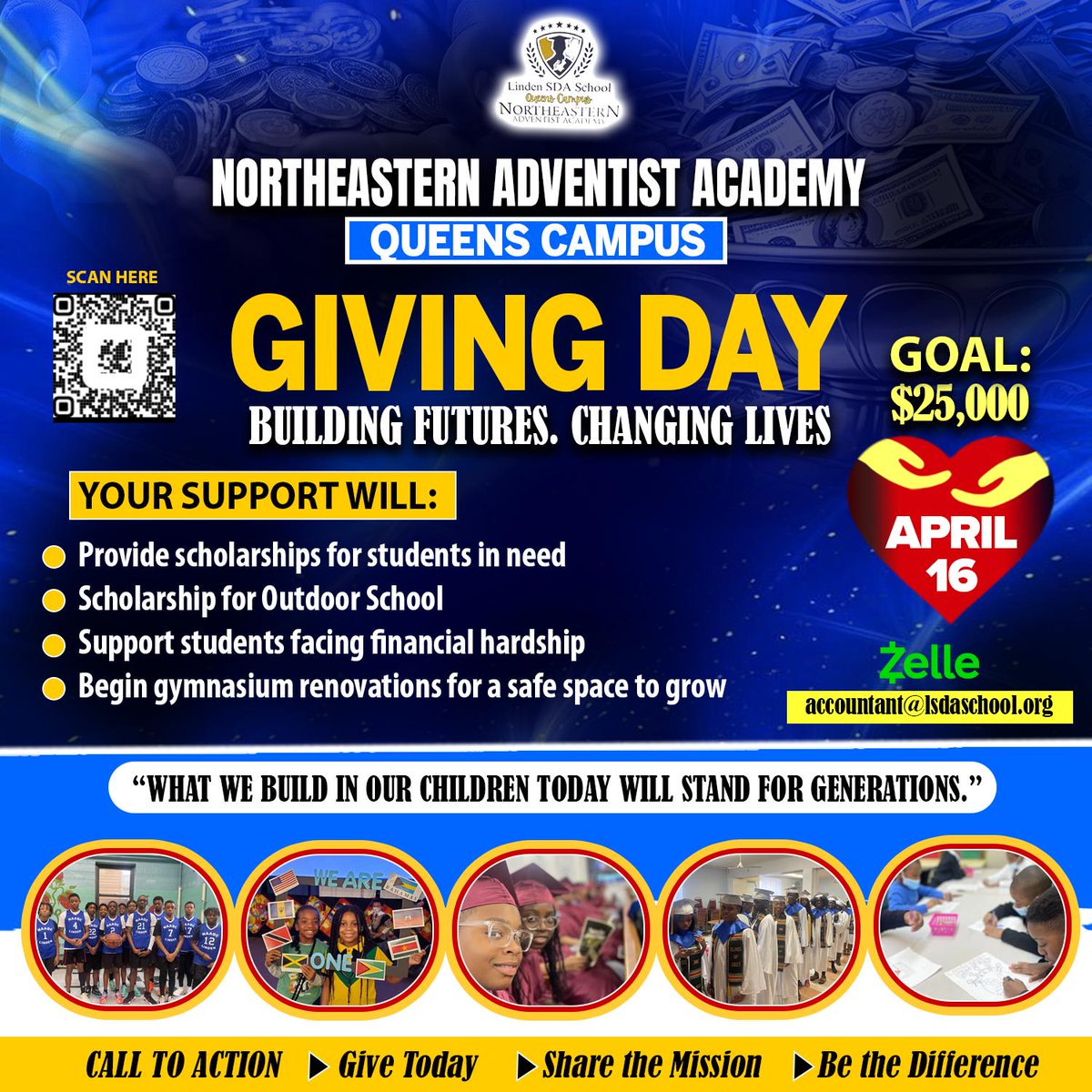 Lsdaschool's tweet photo. Giving Day @ Linden SDA School - NAAQC is coming up! 
Every donation, Big or small, counts!
Be a blessing to our Students on August 16th, 2026! https://t.co/JlfUdBTZz7