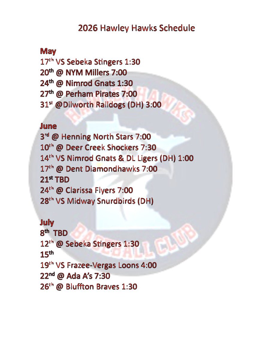 HawksHawley's tweet photo. 2026 schedule is here

June 21 (home) and July 8 (away) still open for any teams looking to play #GoHawksGo https://t.co/Fp5OtUkKwd