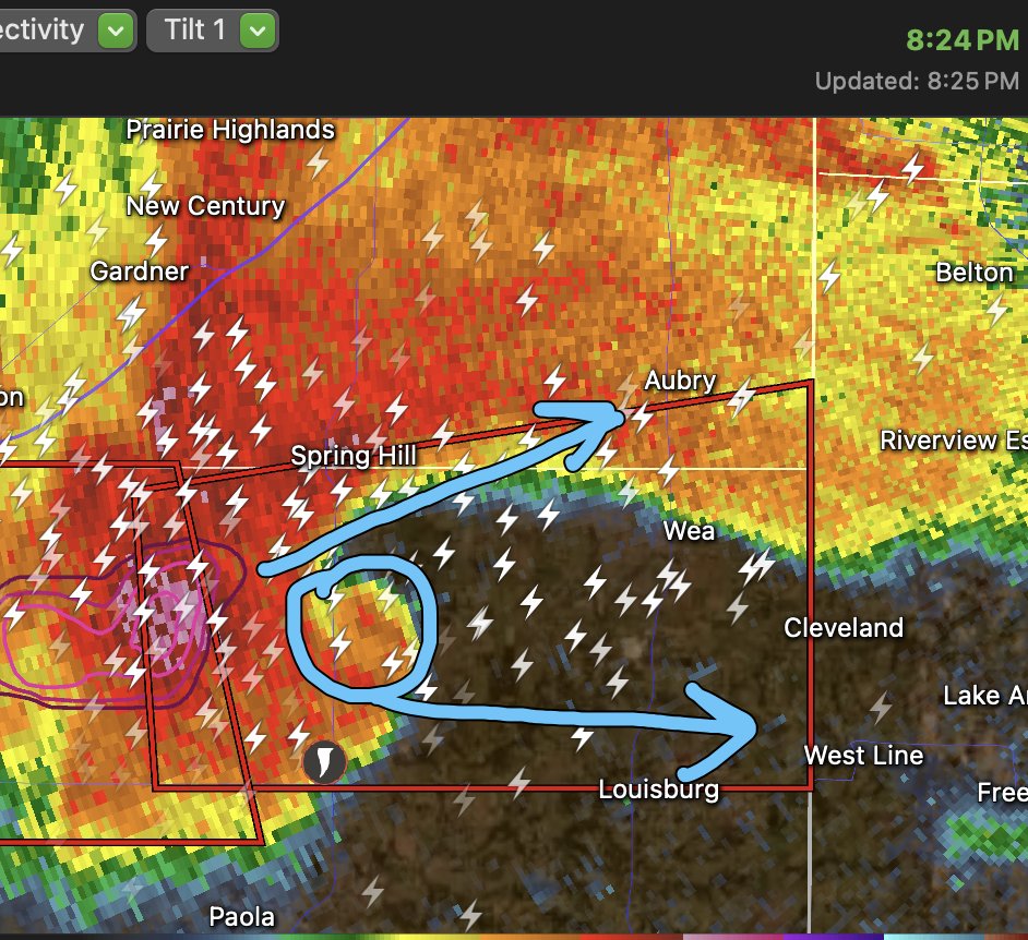 USWeatherExpert's tweet image. #TORNADOWARNING
#Kansas

Spotter reports #tornado striking Mound City. 

Also, looks like we have a tornado 3.2 miles south of Spring Hill. Take cover near and between the two arrows.