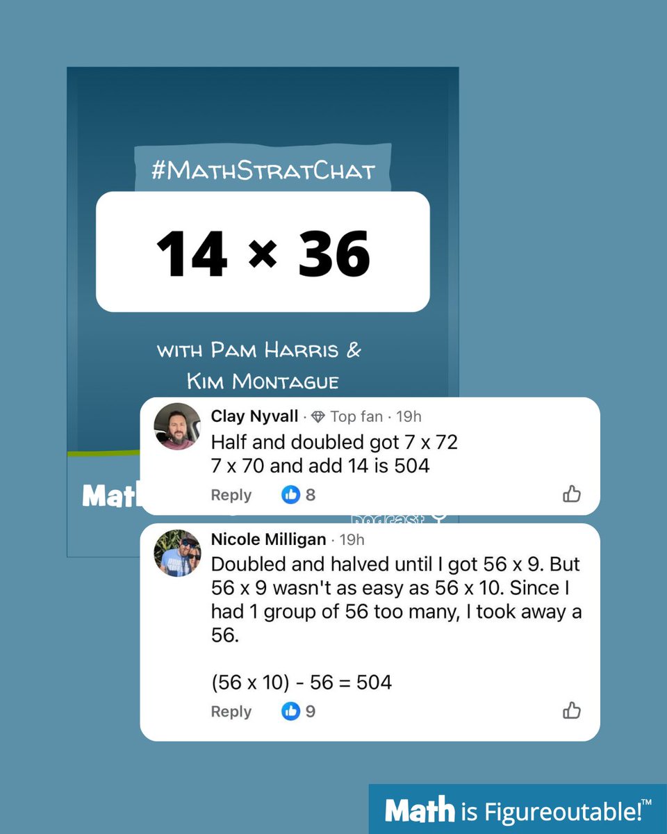 pwharris's tweet image. Double/halve for the win! Nicole, with a bit of over and Clay with smart partial products. Nicely done both of you!

#MathIsFigureOutAble #MathStratChat #MTBoS #ITeachMath #MathEd