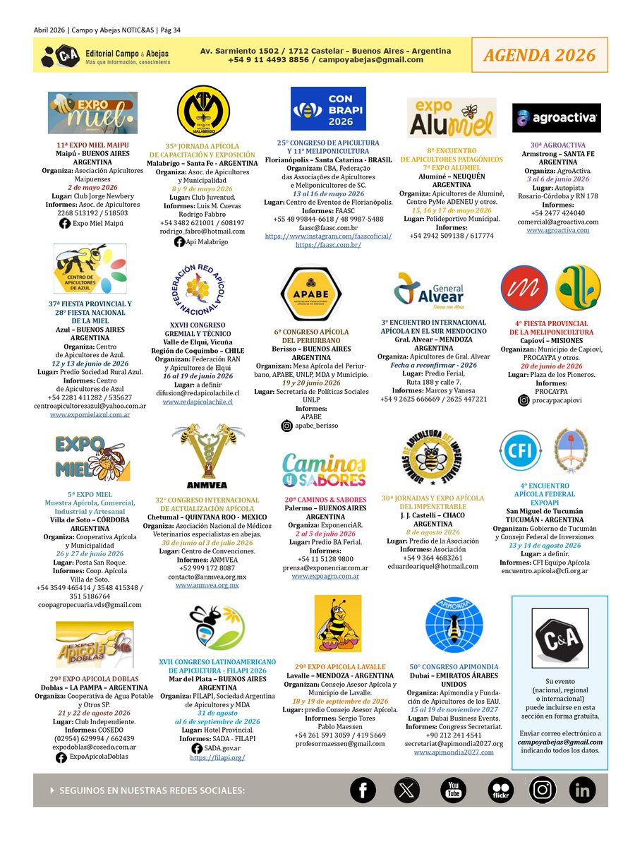 🐝 Ya salió Campo y Abejas NOTIC&amp;AS N° 230 (abril)
🍯 Inteligencia de las abejas ⚖️ ¿Apicultores vs industria? 🌍 Miel argentina en Finlandia 📍 Crónicas Expo Maciá. Expo Malabrigo
📖 Leela: acortar.link/fD9wyt 
📩 Suscripción: campoyabejas@gmail.com
#Apicultura #CampoYAbejas