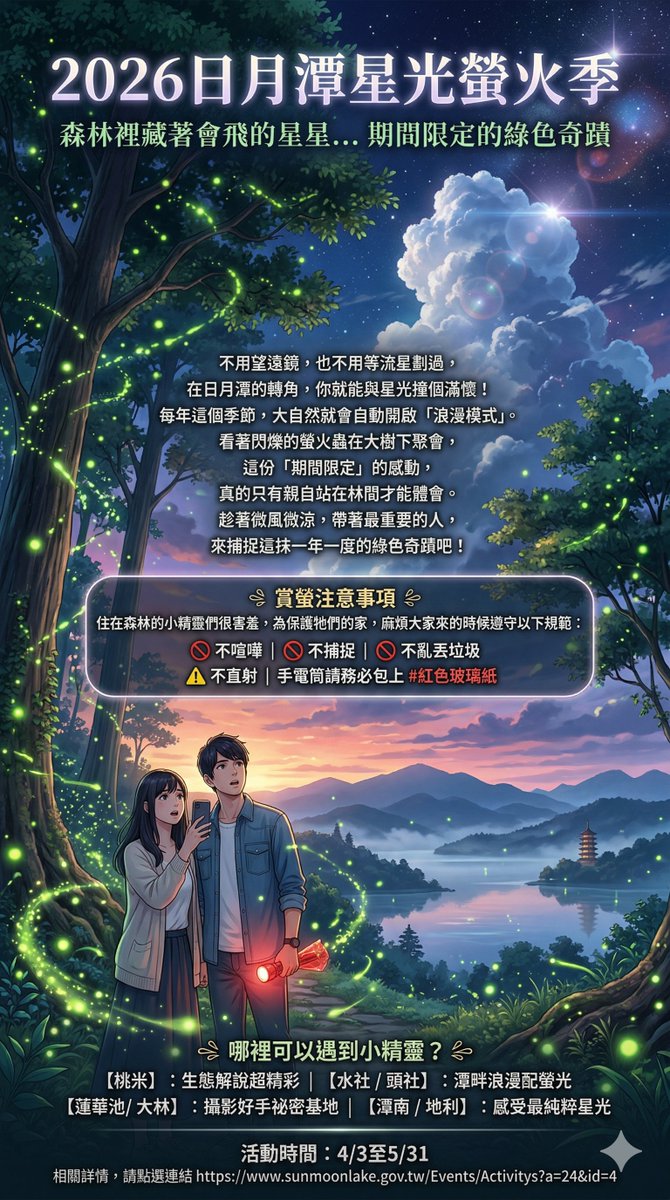 sunmooninn216's tweet photo. 🌳 聽說，森林裡藏著會飛的星星... ✨

每年這個時候，
日月潭的夜晚，
會悄悄地亮起來 🌌

那不是燈，也不是煙火，
而是藏在樹影之間，一閃一閃的微光。
牠們不喧嘩 🤫
只在剛剛好的溫度、剛剛好的夜裡出現。

走進去的時候，記得慢一點 👣
也許你會發現 ——
原來星星，也會在森林裡飛 🍃💫

#Firefly https://t.co/JizCFslXXO