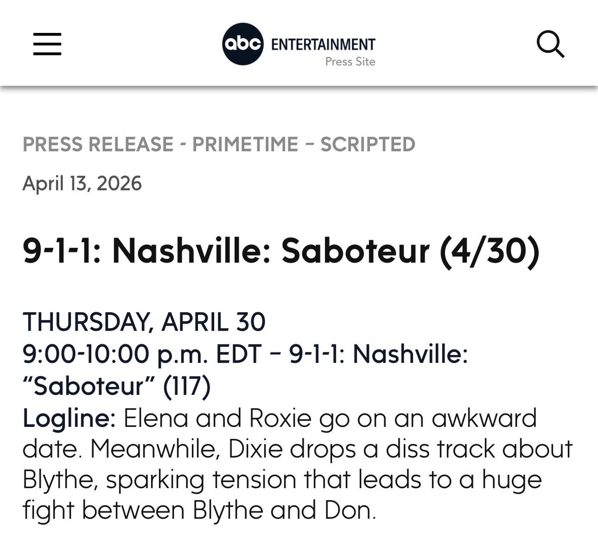 911TVNEWS's tweet image. Potentially a typo on ABC’s part, but it seems the episode title is now just “Saboteur”