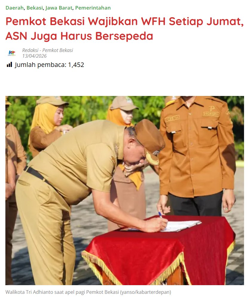 kabarterdepanID's tweet image. Pemkot Bekasi Wajibkan WFH Setiap Jumat, ASN Juga Harus Bersepeda

kabarterdepan.com/pemkot-bekasi-…

#PemkotBekasi #WFH #ASN #Bekasi #KabarTerdepan