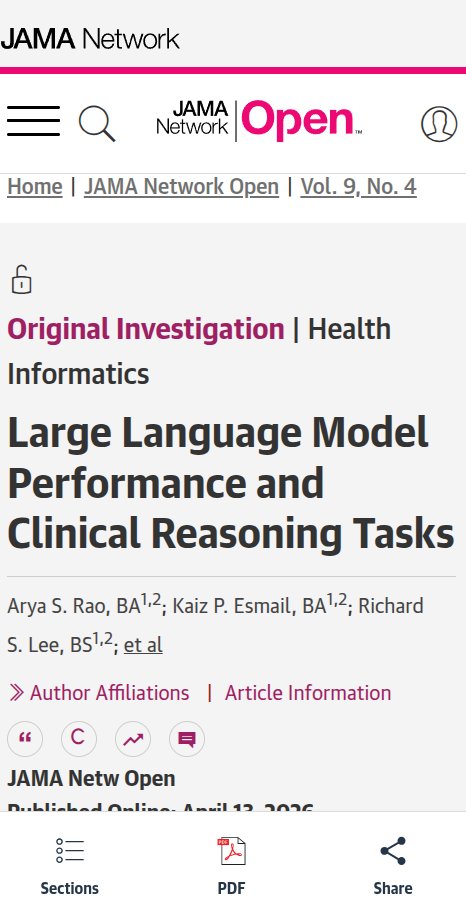 rohanpaul_ai's tweet image. AI chatbots are still poor at the hardest part of medicine: figuring out what might be wrong before the full picture is available.

The study tested 21 LLMs on 29 clinical cases revealed step by step, which matters because real diagnosis usually starts with scattered symptoms,