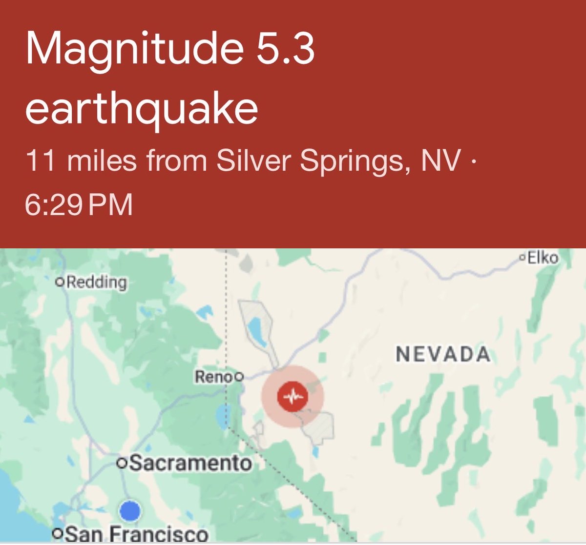 775times's tweet photo. Did you feel that? 5.3-5.5 earthquake centered near Silver Springs at 6:29pm. #reno #sparks #silversprings #nevada #earthquake https://t.co/jx78b0TNLh