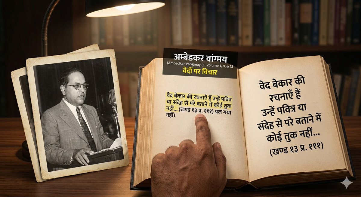 GemsOfBuddhism's tweet photo. डॉ. अम्बेडकर के वेदों पर क्रांतिकारी विचार
( निम्नलिखित उद्धरण अम्बेडकर वांग्मय से लिए हैं )

वेदों और शास्त्रों में डायनामाईट लगाना होगा , आपको श्रुति और स्मृति के धर्म को नष्ट करना ही चाहिए | ( खण्ड १ प्र. ९९ )

अथर्ववेद मात्र जादू टोनो, इंद्रजाल और जड़ी बूटियों की विद्या है | इसका चौथाई जादू टोनों और इंद्रजाल से युक्त है | ( खण्ड ८ प्र. ६० )

वेदों में ऐसा कुछ नहीं है जिससे आध्यात्मिक अथवा नैतिक उत्थान का मार्ग प्रशस्त हो | ( खण्ड ८ प्र. ६२ )

ऐसे वेद शास्त्रों के धर्म को निर्मूल करना अनिवार्य है | ( खण्ड १ प्र. १५ )

वेद बेकार की रचनाएँ हैं उन्हें पवित्र या संदेह से परे बताने में कोई तुक नहीं | ( खण्ड १३ प्र. १११ )

जहाँ तक नैतिकता का प्रश्न है ऋग्वेद में प्रायः कुछ है ही नहीं, न ही ऋग्वेद नैतिकता का आदर्श प्रस्तुत करता है | ( खण्ड ८ प्र. ४७, ५१ )  

ऋग्वेद आदिम जीवन की प्रतिछाया है जिनमें जिज्ञासा अधिक है, भविष्य की कल्पना नहीं है | इनमें दुराचार अधिक गुण मुट्ठी भर हैं | ( खण्ड ८ प्र. ५१ )

#AmbedkarJayanti
