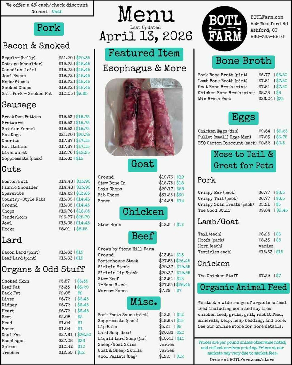 BOTLFarm's tweet photo. Lots of new odd stuff this week. We now have pork esophagus, spleen, caul fat, and trachea. Pushing the nose to tail even further!

This week we also have implemented a dual pricing menu. We are offering a cash and check discount of 4% on all our products. https://t.co/BBUX9JyABg