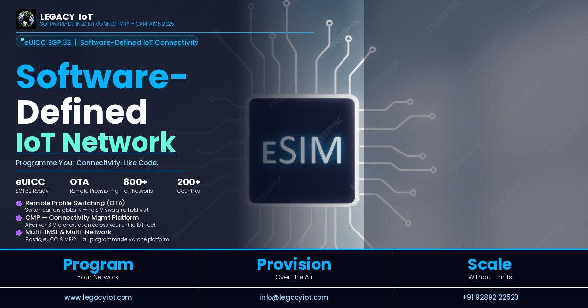 legacyiot's tweet image. What if your IoT network was as programmable as your codebase?

No SIM swaps. No field engineers. No carrier lock-in. No downtime.

That is Software-Defined IoT Connectivity powered by eUICC SGP.32 + Legacy IoT CMP 🧵

#eUICC #SGP32 #CMP #eSIM #OTAProvisioning #M2MSIM #IoT #AIIoT