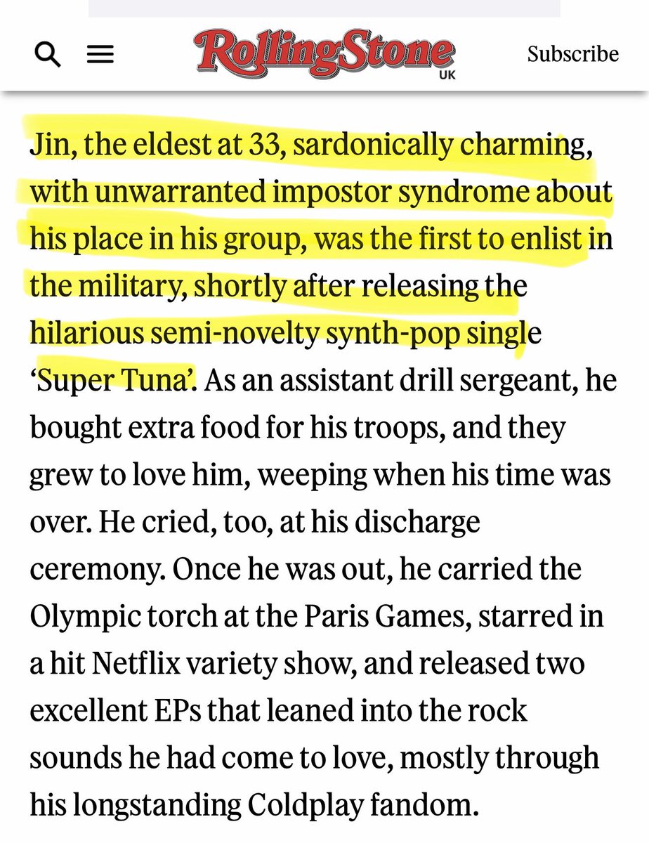seokjinism1's tweet photo. Dear Mr. Brian Hiatt @hiattb, 

(1) why your @RollingStoneUK article has omitted “rich, pure tenor and a commanding stage presence” to describe Jin which is in your original article under @RollingStone 

(2) You removed the Astronaut and later mentioned Super Tuna. factually it is wrong information. The Astronaut is the song he released in Oct 2022 before leaving for military while Super Tuna was released in Dec 2021

(3) why did Rolling stone change the “correct facts” in your article with “wrong facts” even though you clearly are aware of the correct timeline since you mentioned the Astronaut correctly initially  

The article with the Astronaut was uploaded at 11:05 AM EST and the article with Super Tuna was uploaded at 1:03 PM EST

Please can you elaborate why has the article been edited and what is the reason behind it.