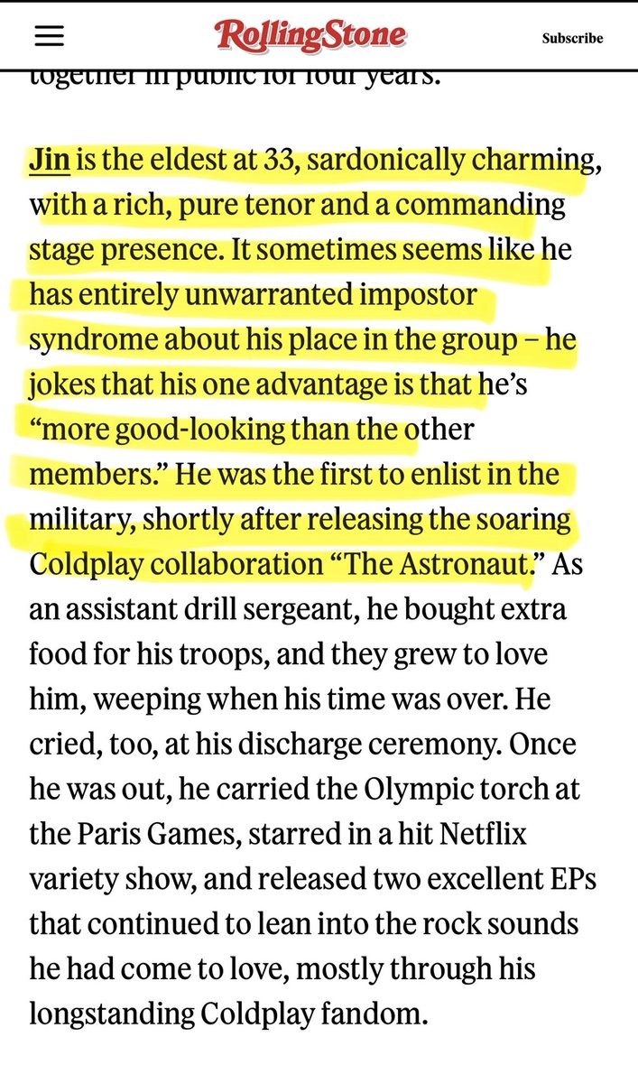 seokjinism1's tweet photo. Dear Mr. Brian Hiatt @hiattb, 

(1) why your @RollingStoneUK article has omitted “rich, pure tenor and a commanding stage presence” to describe Jin which is in your original article under @RollingStone 

(2) You removed the Astronaut and later mentioned Super Tuna. factually it is wrong information. The Astronaut is the song he released in Oct 2022 before leaving for military while Super Tuna was released in Dec 2021

(3) why did Rolling stone change the “correct facts” in your article with “wrong facts” even though you clearly are aware of the correct timeline since you mentioned the Astronaut correctly initially  

The article with the Astronaut was uploaded at 11:05 AM EST and the article with Super Tuna was uploaded at 1:03 PM EST

Please can you elaborate why has the article been edited and what is the reason behind it.