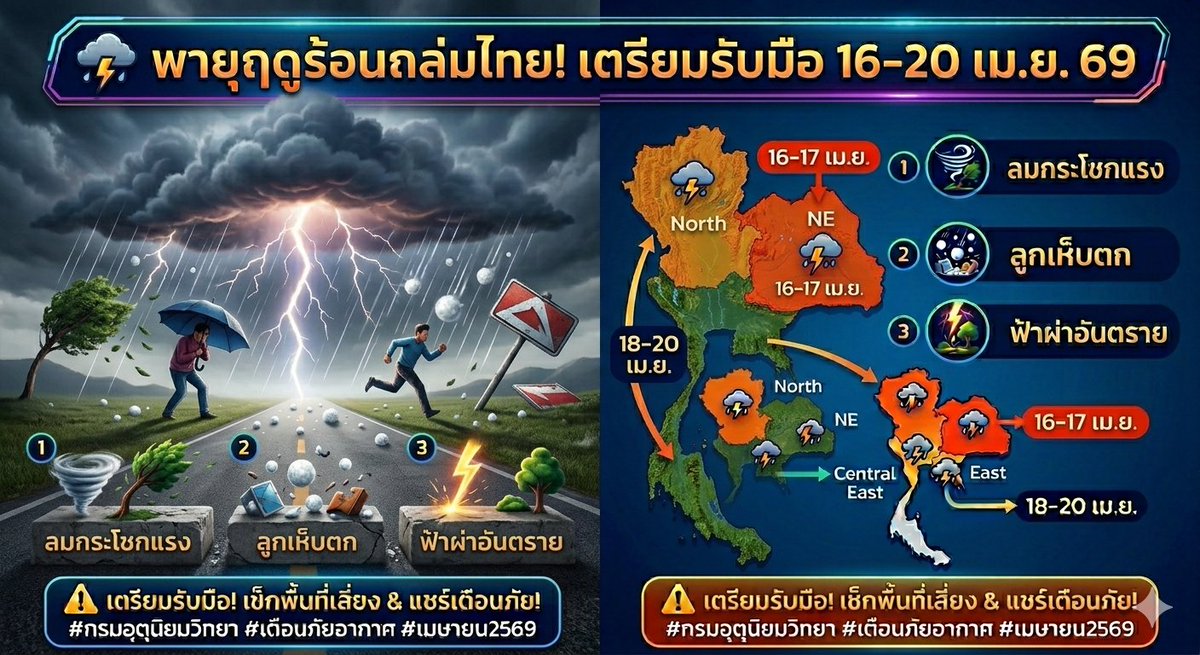 เมษานี้ไม่ได้มีแค่ความร้อน! 🥵 พายุฤดูร้อนกำลังจะมาแล้วทุกคน (16-20 เม.ย.)

ใครมีแพลนไปไหนช่วงนี้พกร่ม เช็กสภาพอากาศกันด้วยนะ ลมแรง+ลูกเห็บมาเต็ม 🌪️❄️

ดูแลตัวเองกันด้วยนะ เป็นห่วงครับ! ❤️

​#อากาศร้อน #พายุฤดูร้อน #เที่ยวไทย