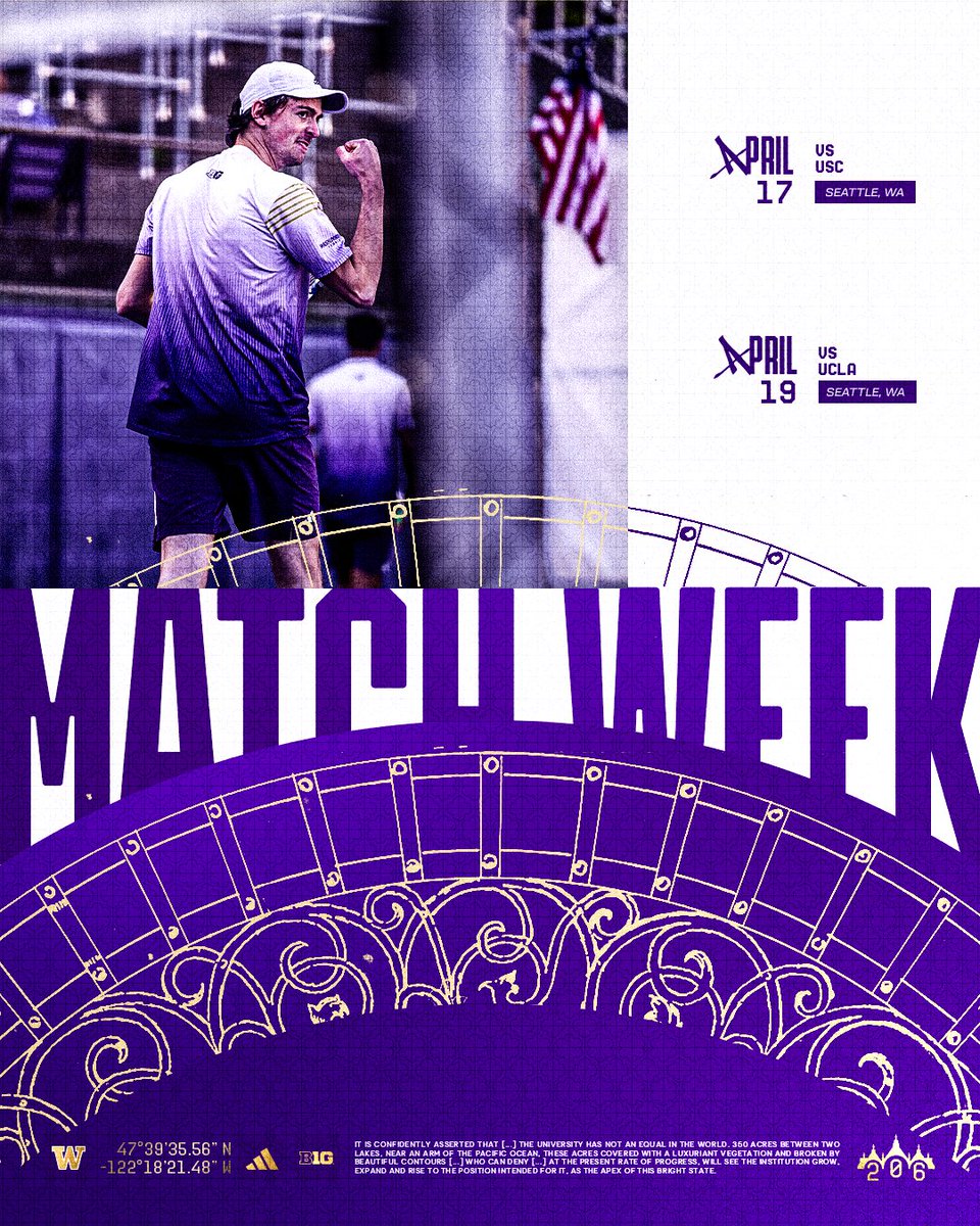 UW_MTennis's tweet photo. 𝙈𝙖𝙩𝙘𝙝 𝙒𝙚𝙚𝙠 1⃣3⃣ 𝙞𝙨 𝙃𝙚𝙧𝙚!

The Huskies return home for the final time this regular season! 

Friday, April 17th
4 pm PT
vs USC
💜 Huskies for a Cure &amp; Staff Day 💜

Sunday, April 19th
12 pm PT
vs UCLA
🌟Senior Day 🌟

#GoHuskies🐾🎾 https://t.co/9AbmQ4Mjz2