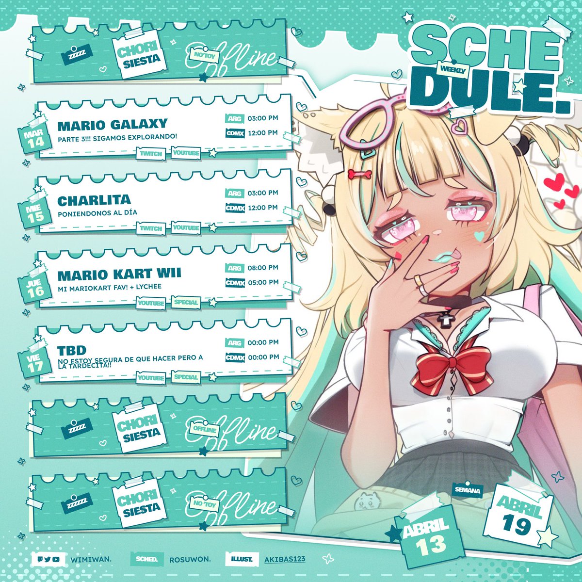 🌐⤷ Horario Semanal (•˕ •マ.ᐟ.ᐟ
🗓️── .✦ Semana del 13 al 19 de Abril .ᐟ

¡Wa! ¡Bienvenido al Choricord! /ᐠ.ꞈ.ᐟ\
Chihuahua de apariencia, perro panzón de nacimiento🐾 Me llamo #wimiwan ¡Un gusto en conocerte! ˎˊ˗

🎨 #/wimiart #/nsfwimi
💻#/clipiwimi #/wimeme