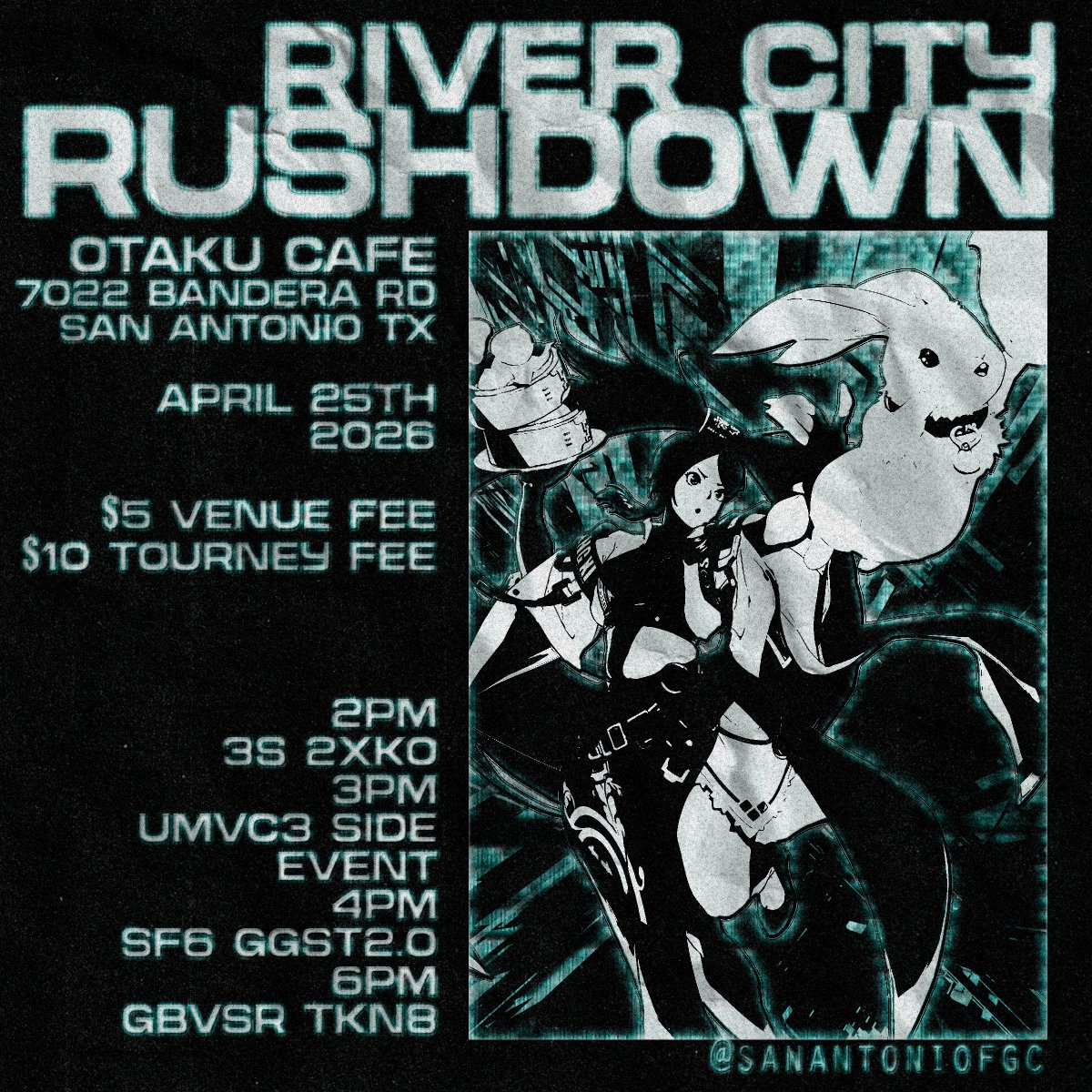LESS THAN TWO WEEKS TIL RIVER CITY RUSHDOWN APRIL. 

Sign-up now:
start.gg/tournament/riv…