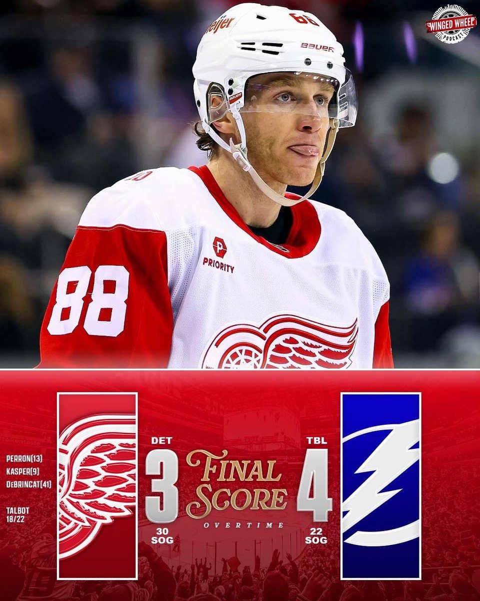 WingedWheelPod's tweet image. Red Wings fall to the Lightning in overtime after a 3rd period comeback. #LGRW