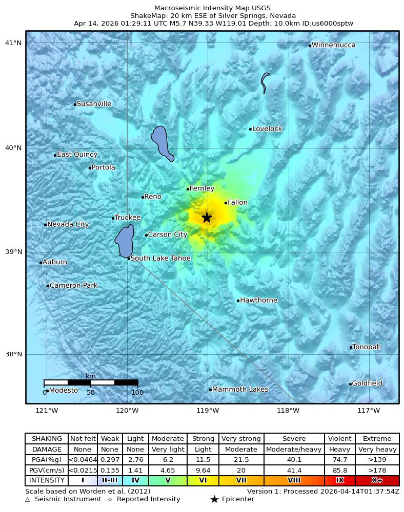 SandhyaABC7's tweet image. EARTHQUAKE: Prelim magnitude 5.7 earthquake just struck ESE of Silver Springs, Nevada.  USGS is reporting some smaller aftershocks.  #earthquake #Nevada