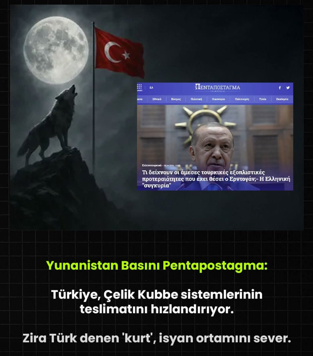 akahantr's tweet photo. Yunanistan Basını Pentapostagma:

Türkiye, Çelik Kubbe sistemlerinin teslimatını hızlandırıyor. 

Zira Türk denen 'kurt', isyan ortamını sever. https://t.co/rLahgCv6B3