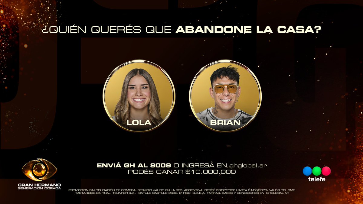 GranHermanoAr's tweet photo. Lola y Brian quedaron en el mano a mano 🔥 ¿Quién se va?  

📲 Enviá GH al 9009 o ingresá a https://t.co/vkRyPqbKwY 👈🏻

 #GranHermano #GeneraciónDorada https://t.co/hIW86J61lk
