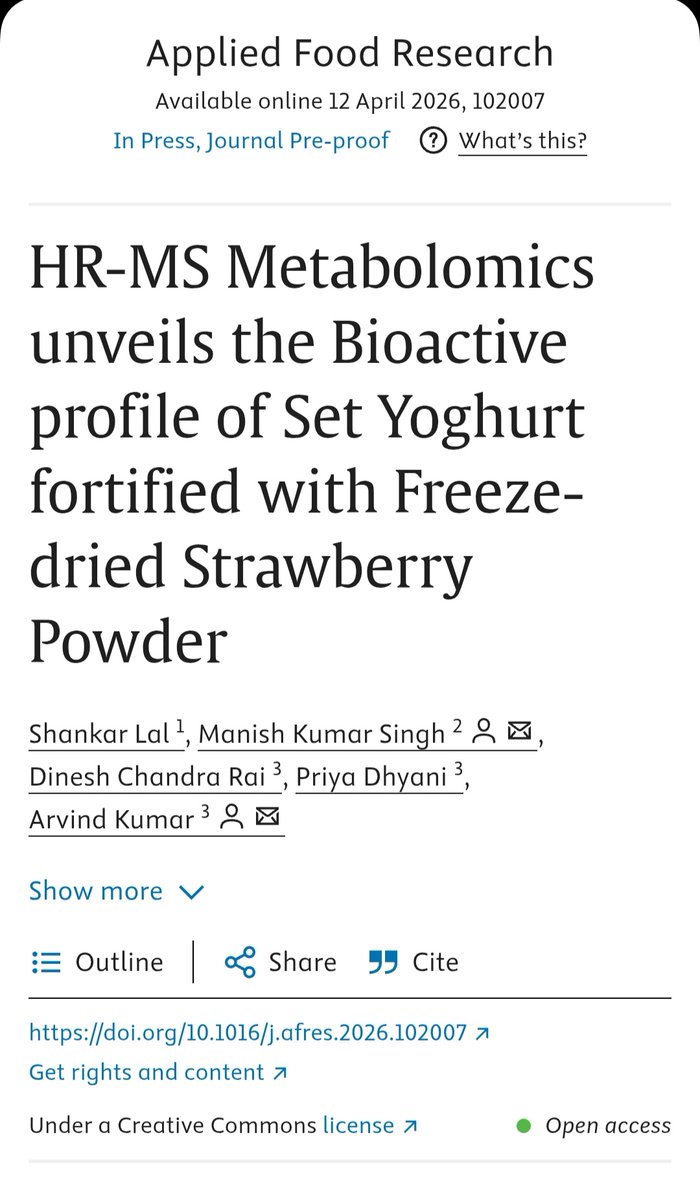 An elite research team led by Hon'ble VC Prof. Dinesh Chandra Rai has developed a revolutionary strawberry-fortified yoghurt featuring 34 bioactive compounds, a published in the prestigious journal Applied Food Research (IF 6.2). <a href="/DineshCRai/">Dinesh Chandra Rai</a> <a href="/atahasnain53/">Syed Ata Hasnain</a> 
sciencedirect.com/science/articl…