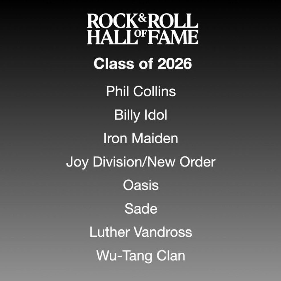 Oasis, Wu-Tang Clan, Phil Collins, Joy Division / New Order, Sade, Iron Maiden, Billy Idol y Luther Vandross serán inducidos al Rock and Roll Hall of Fame este  14 de noviembre.