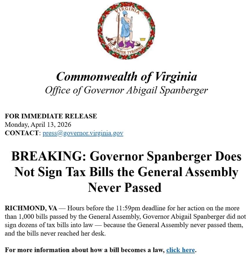 Breaking News from Gov. Spanberger: