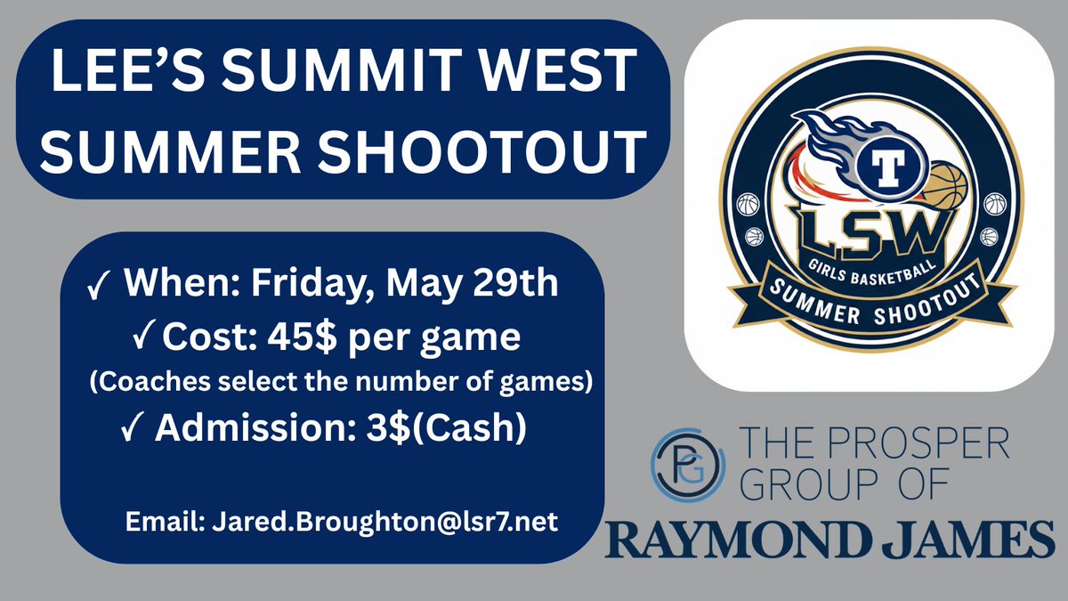LSWGirlsBB's tweet photo. Lee's Summit West will host our annual summer shootout on Friday, May 29th. Coaches select the number of games they want to play at 45$ a game. We will have a JV division for the shootout. If interested, email Jared.Broughton@lsr7.net. @810varsity @KCHS_Hoops @PGHMissouri https://t.co/D7yHMwJAWz