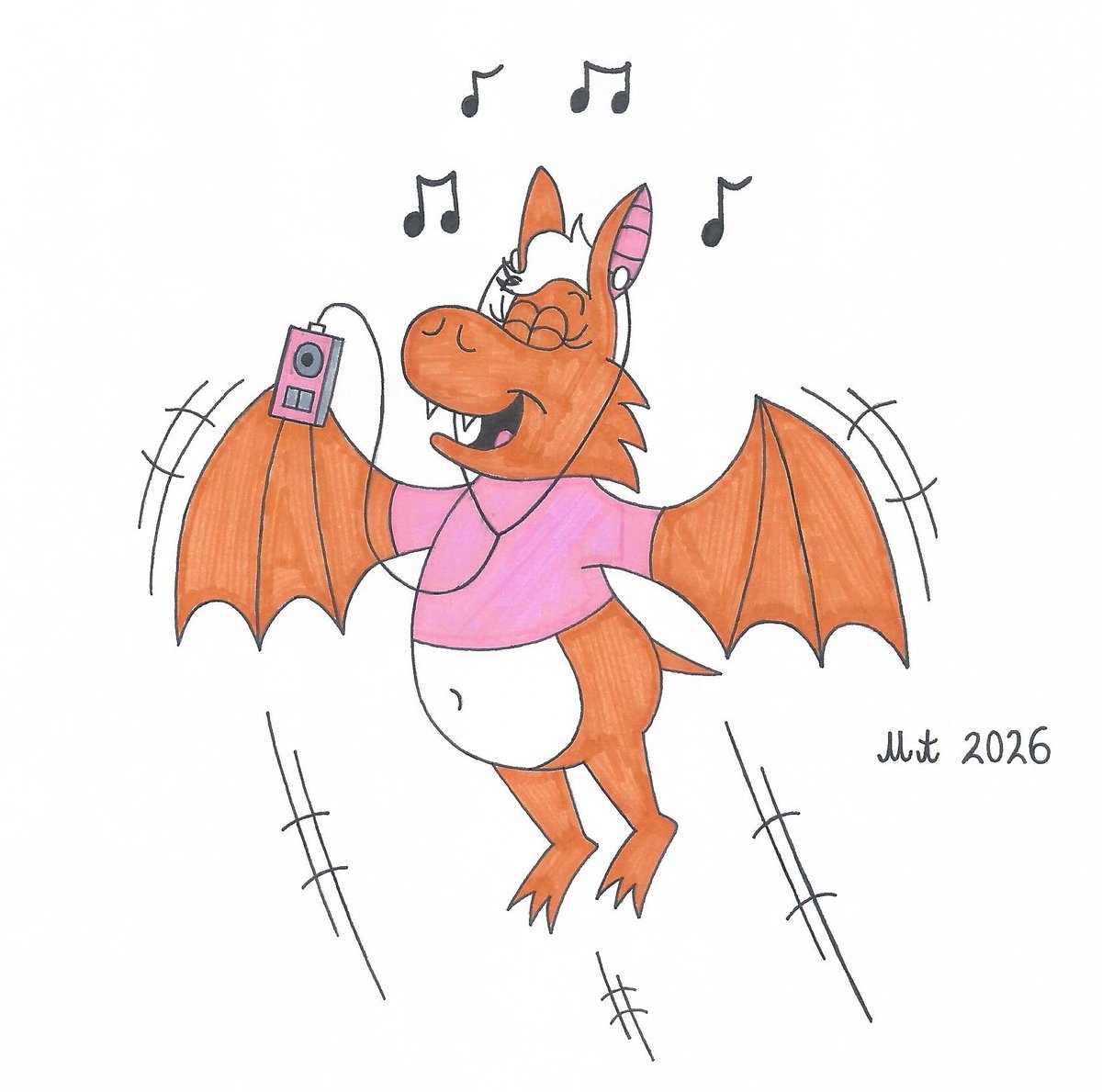 What Mandy loves best of all is listening to some music on her iPod.
#Mandy #fruitbat #bat #iPod #music #listening #illustration #earphones