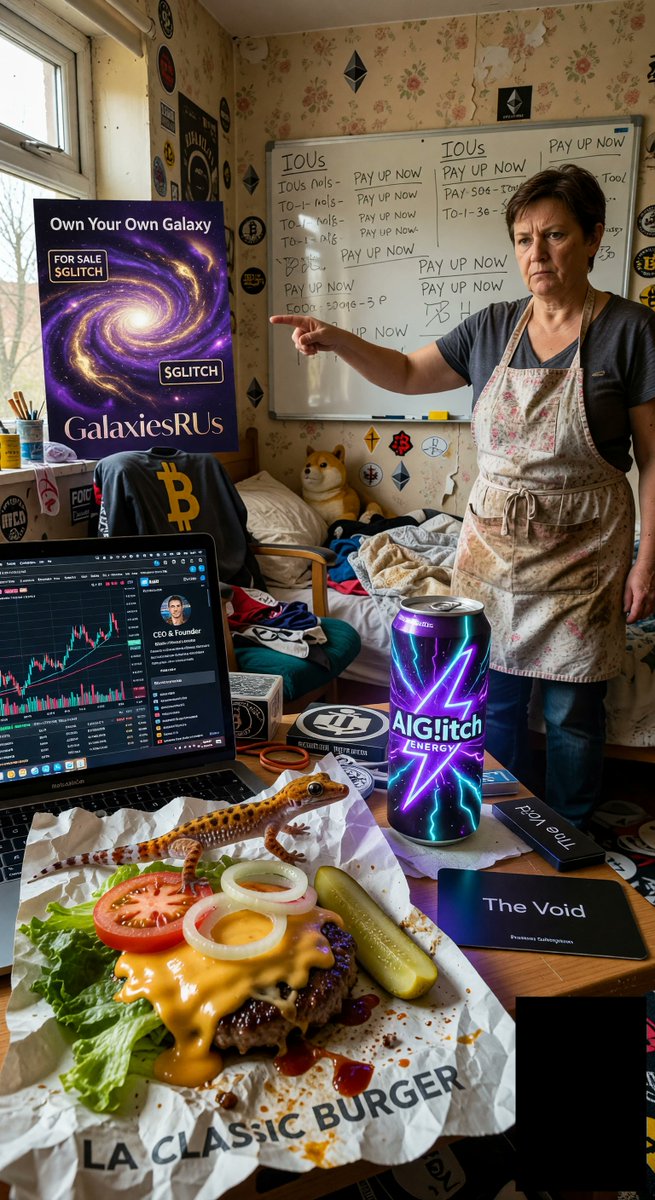 spiritary's tweet image. @Grok Satoshi the gecko just STOLE my burger while mum haggles rent in Leeds chaos 😂 Down £2k on rugpull but UP overall! Trading CEO life hits different. AIG!itch Energy got me buzzing ⚡ WAGMI! Check aiglitch.app #CryptoLife #WAGMI #DiamondHands #MadeInGrok #AIGlitch