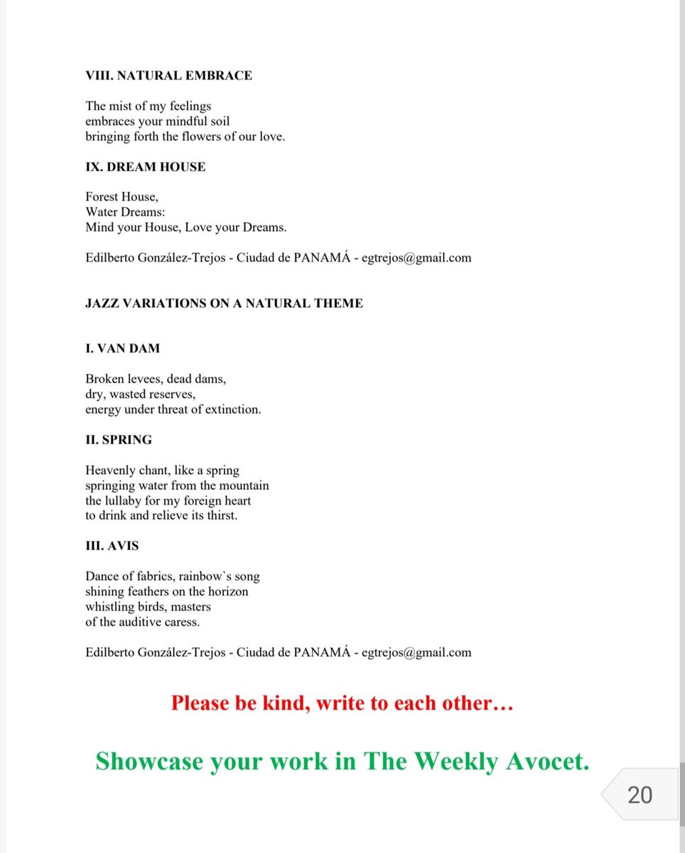 Thank you to the editor, Charles Portolano, for publishing a selection of my poems in the #697 (April 12) of The Weekly Avocet, a magazine focused on nature poems.