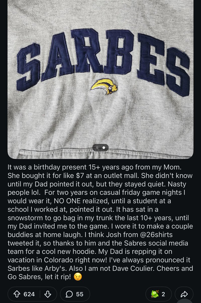 ICYMI the Sarbes hoodie guy shared his story on Reddit earlier today.

Just to clarify, he’s pronounced it like Arby’s.

#Sabrehood