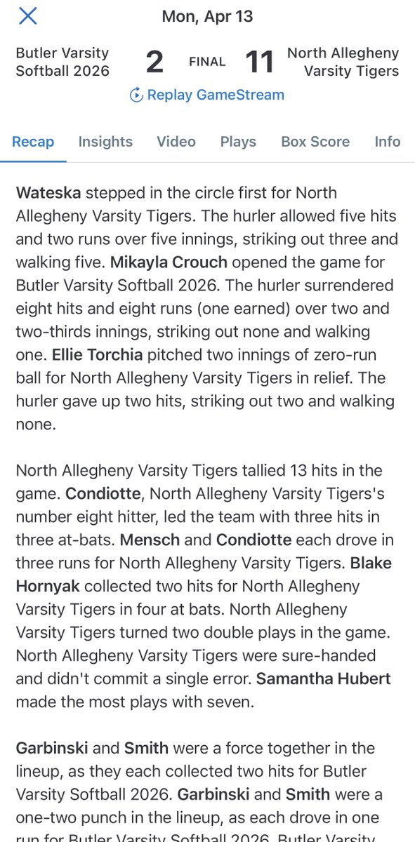 BlakeHornyak29's tweet image. Tigers 🥎🐅 win again.  Started slow but finished with a 💪🏼 team effort 🖤💛🖤💛 Cailyn W. with strong pitching 

2-4 today with better patience reached on some errors and scored 3 times. 5 put outs in the OF ☄️ including a 👀diving catch 

#noflyzone #classof2029 #ilovesoftball