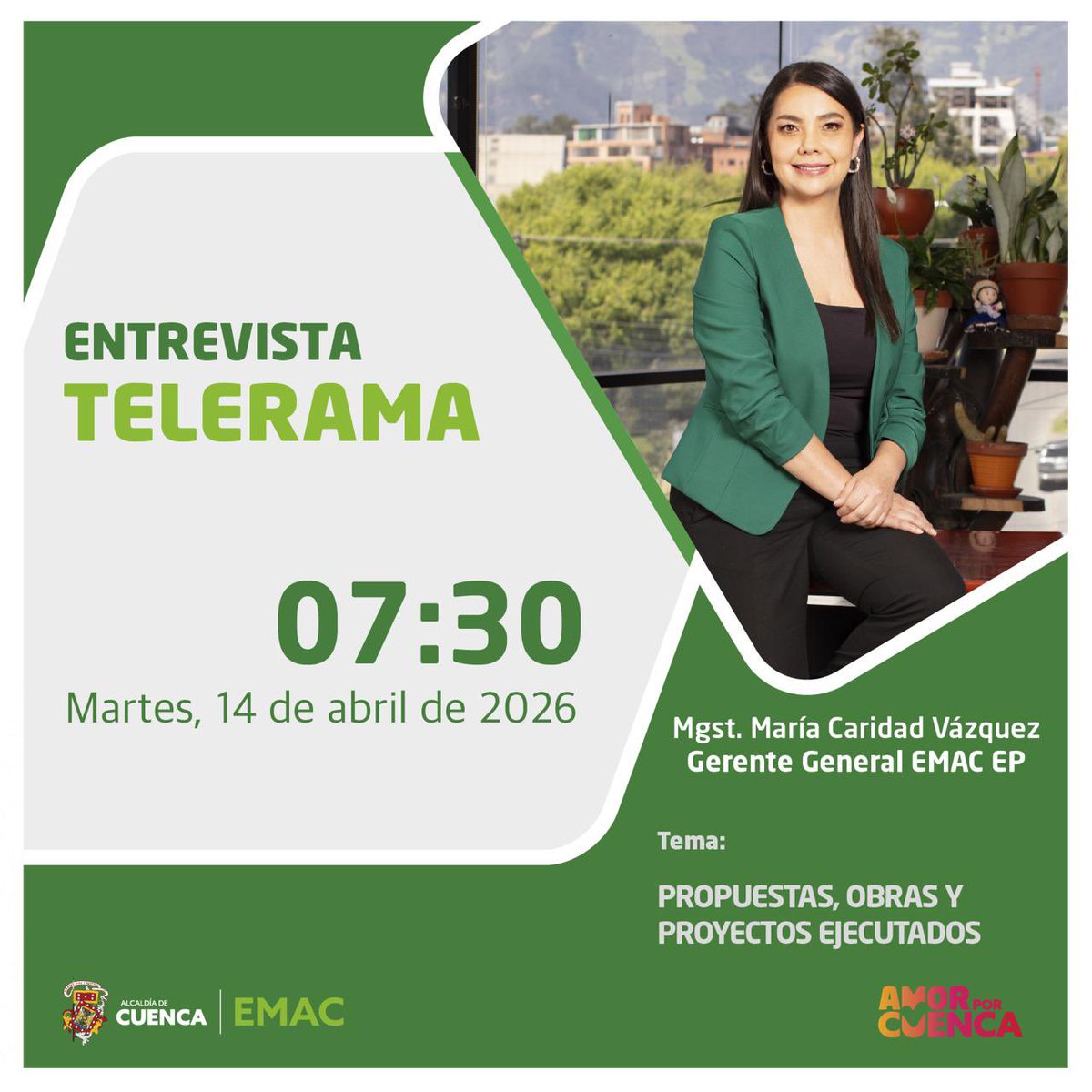 emac_ep's tweet photo. Este martes estamos en @teleramaecuador 📺

Nuestra gerente general compartirá las obras, proyectos y acciones que estamos impulsando por Cuenca.

🗓 Martes, 14 de abril
⏰ 07:30

Te esperamos para conocer lo que juntos seguimos construyendo. 💚♻️ #AmorPorCuenca❤️💛 https://t.co/49Noey6SOw