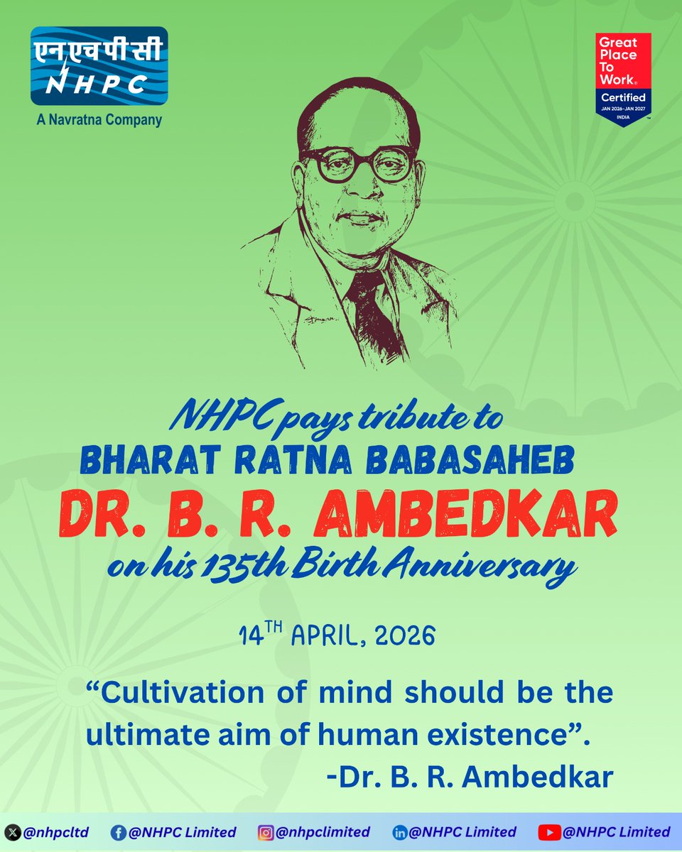 nhpcltd's tweet photo. NHPC pays tribute to Bharat Ratna Babasaheb Dr. B.R. Ambedkar on his 135th Birth anniversary
#Babasahebambedkarjayanti
#bharatratna @MinOfPower
@mlkhattar @officeofmlk @PIB_India https://t.co/FhWKXE4rb8