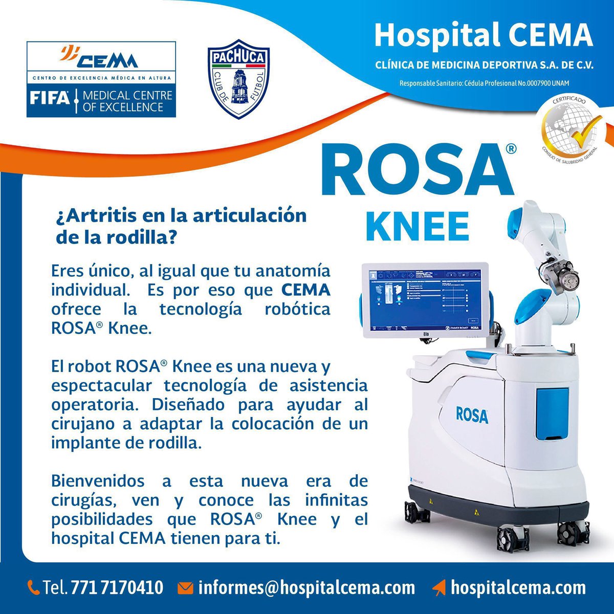 ¿Sabías que ahora una cirugía de rodilla puede ser más precisa gracias a un robot? En nuestro hospital CEMA, ya es una realidad y se llama ROSA. 
 
📲 Visitá nuestra web: cemaofficialmedicalcentre.com 

#SaludIntegral #CuidadoMédico #HospitalCEMA #RobotROSA