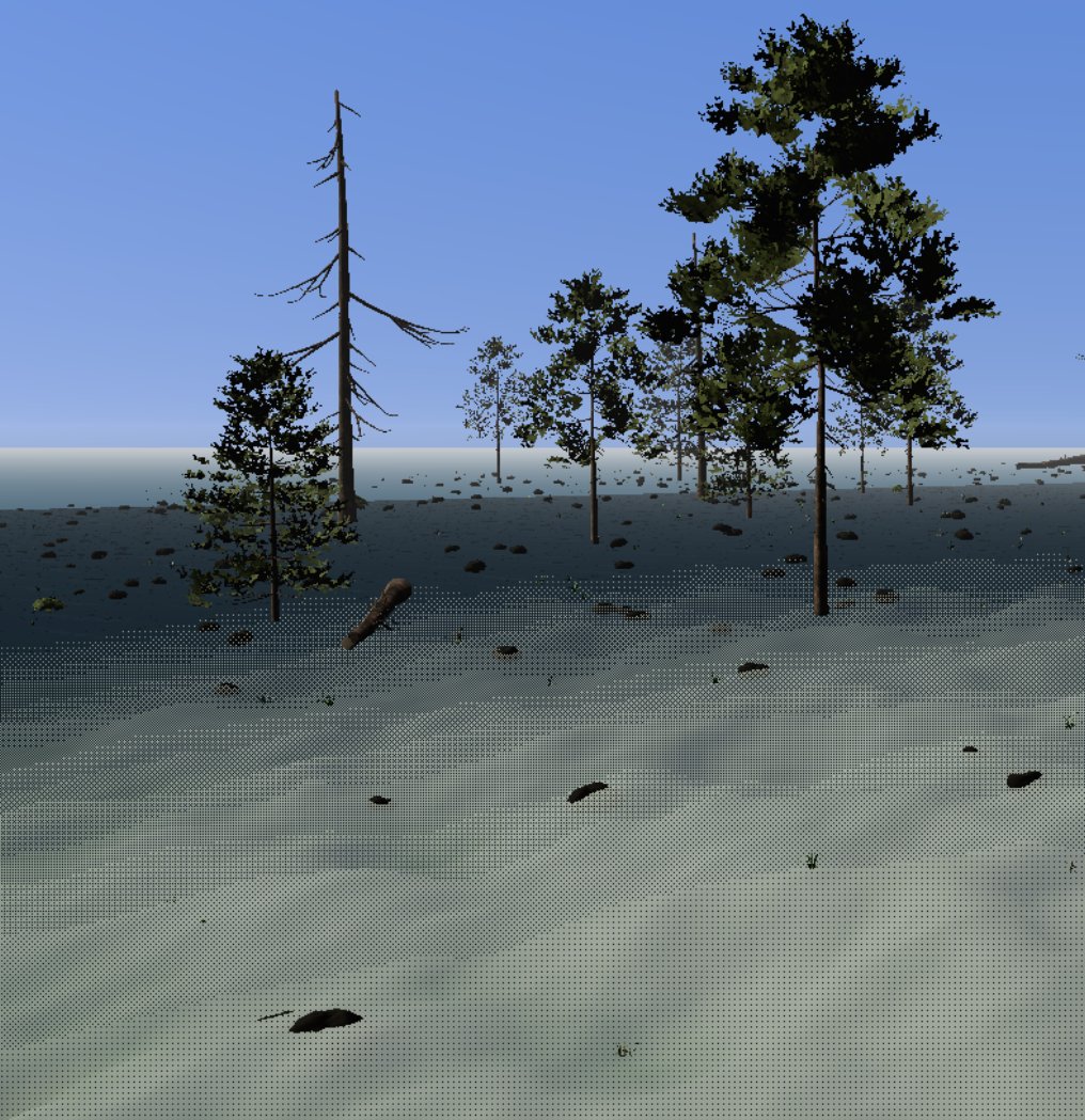 RoanokeGame's tweet photo. Toying with dither fog culling render distance back. My one chunk was actually 2000x2000 tiles and I think I thought it was 16. So before I scale out 16x, I scaled every object down. about 5 fold #3drender #indiedev https://t.co/CIyMcAHWgZ
