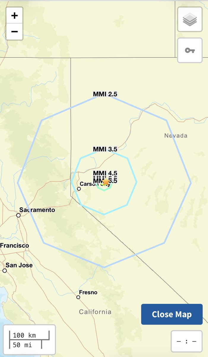 USGS_ShakeAlert's tweet photo. @MyShakeApp @Android #ShakeAlert estimated that MMI 3 (weak) shaking reached CA causing alert delivery to phones. See how  the MMI  3 (shown as MMI 2.5) polygon crossed into CA? See: https://t.co/BvZj2541lu @FEMARegion9 @EmergencyPrepNV https://t.co/IRr9UL9YQF