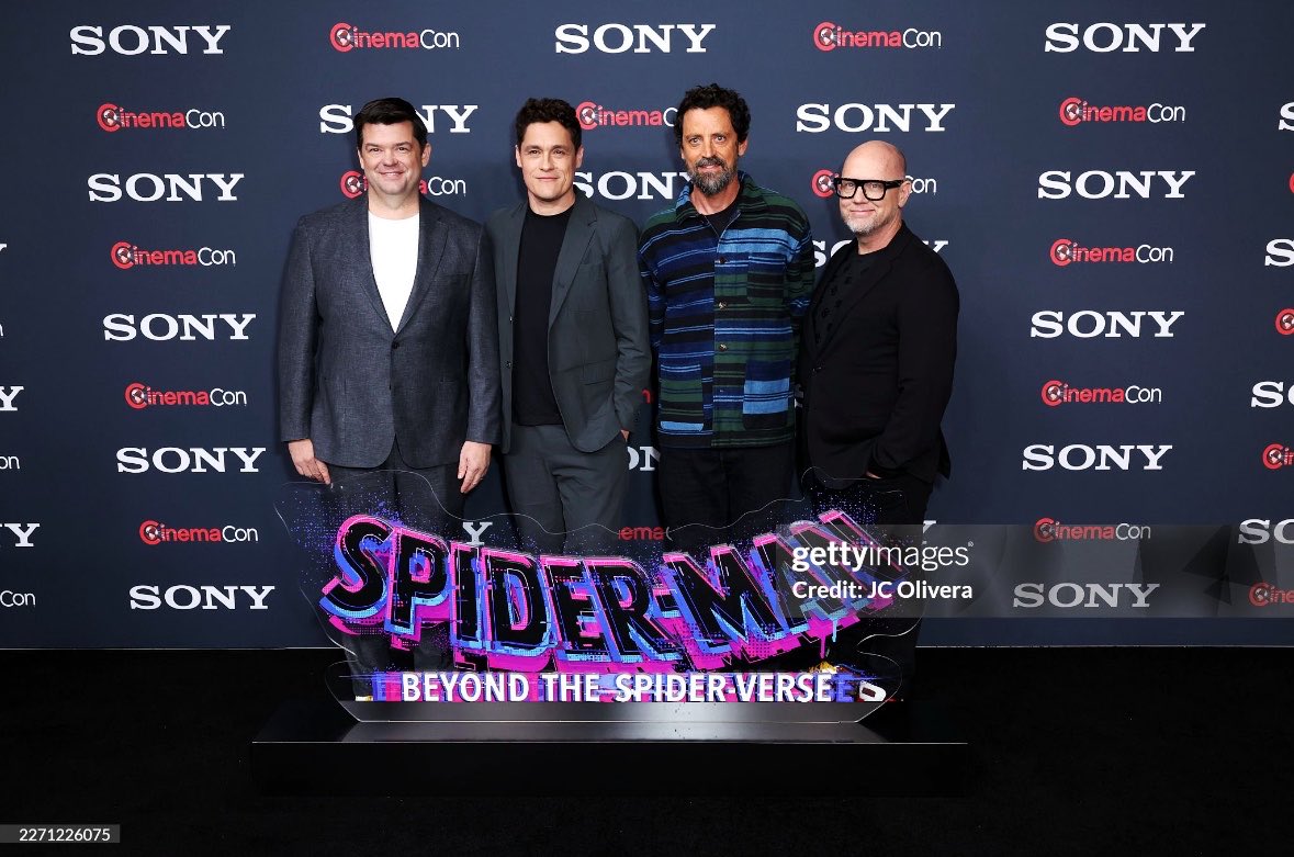 BeyondSVUpdate's tweet photo. Christopher Miller, Phil Lord, Bob Persichetti, and Justin K. Thompson, at #CinemaCon2026. https://t.co/LOzz01iyrJ