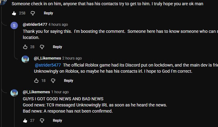 Update: The Roblox main dev for his game is friends with him and messaged him as soon as the post dropped but hasn’t confirmed any response back 

🙏🙏🙏🙏 please be ok