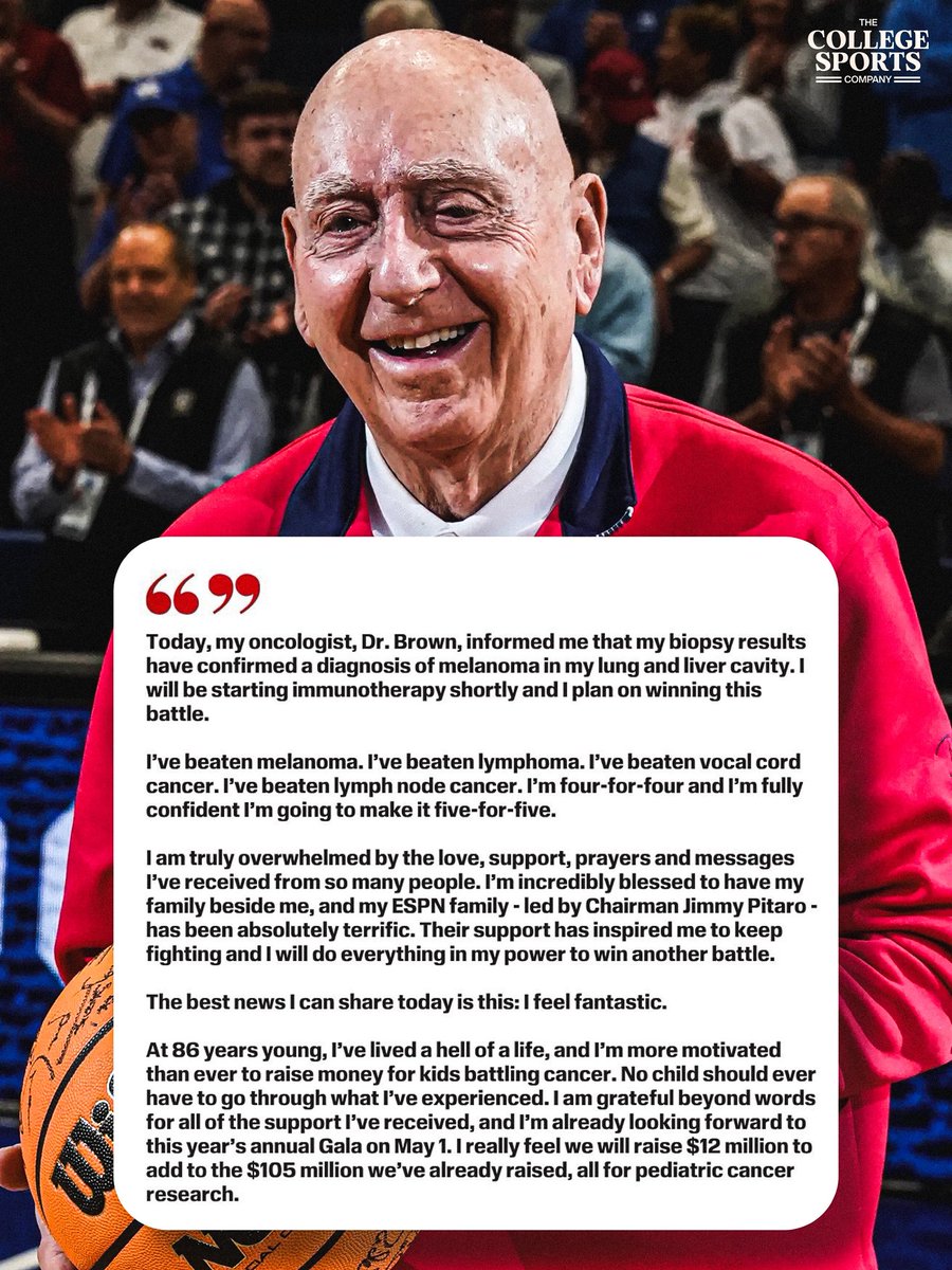 CollegeSportsCo's tweet image. The CSC family sends our love to the legend, Dick Vitale 🤍

Dickie V announced he was diagnosed with melanoma in his lung and liver cavity. He has already beaten cancer four times and looks to make it five.

We love you @DickieV, and can’t wait to hear you on a call again! 🙌