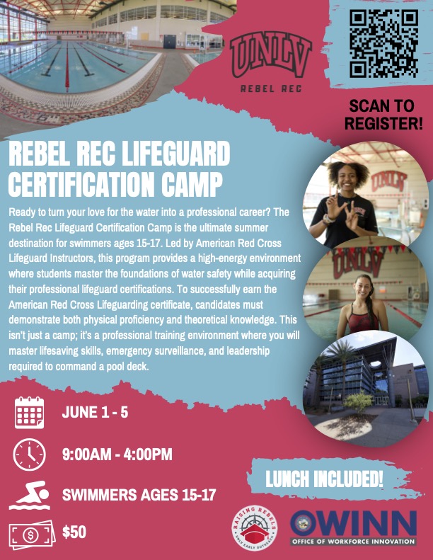 DetrNevada's tweet image. Summer camp that turns into a summer job -
The Rebel Rec Lifeguard Certification Camp is the perfect place this summer for swimmers ages 15-17.
🗓 June 1-5 (M-F)
🕰 9AM-4PM
➡$50

#RedCross #Lifeguard #workforcedevelopment
@unlvearlyoutreach
