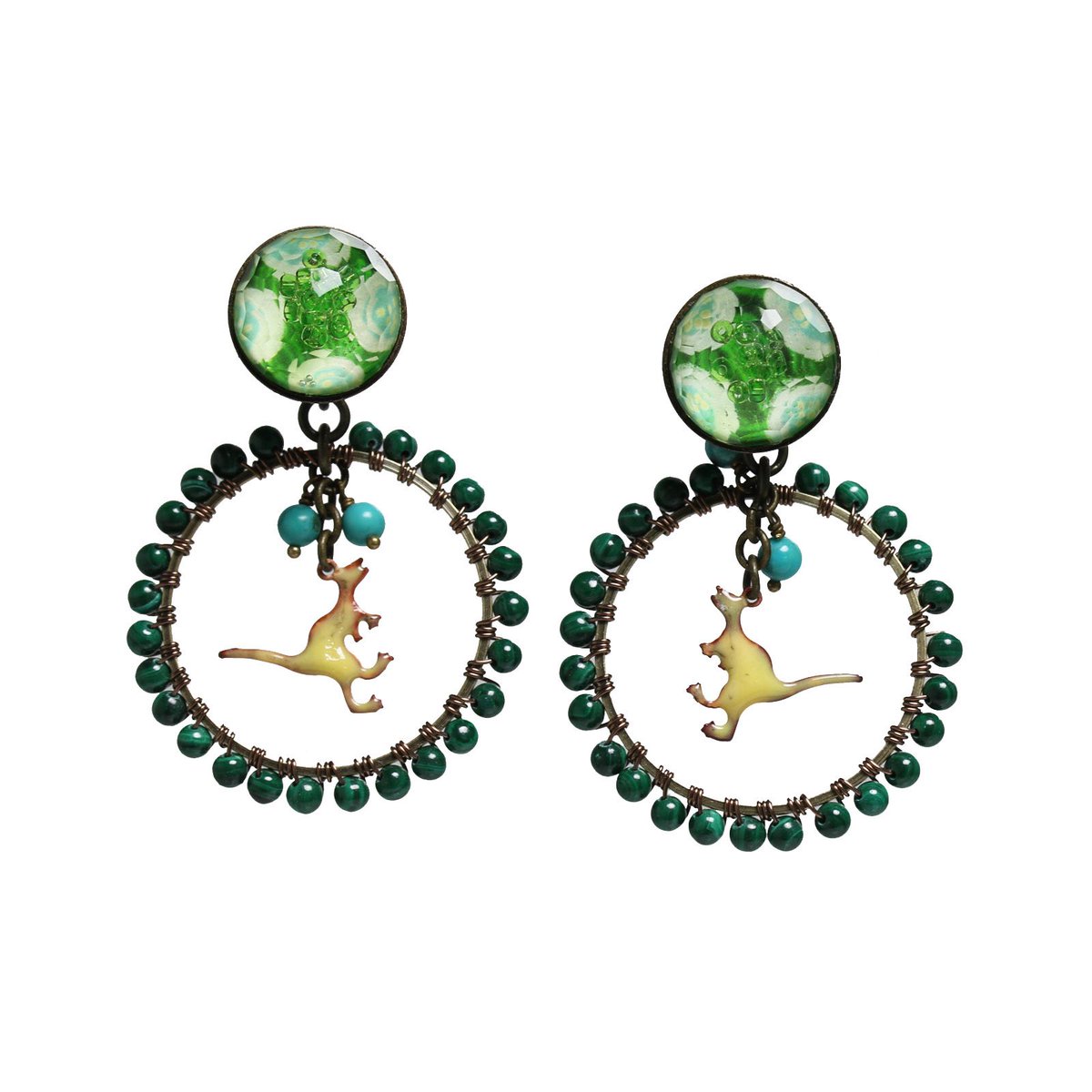 TAMARUSAN_en's tweet image. ✨SALE✨ Unique hoop earrings featuring watermelon patterns, Malachite, and a swaying dinosaur. 🦖 The decorative back-catch adds a stylish layer. Mix and match with other earrings! Now at a special clearance price. ✨ #Earrings #Sale #Dinosaur #HandmadeJewelry