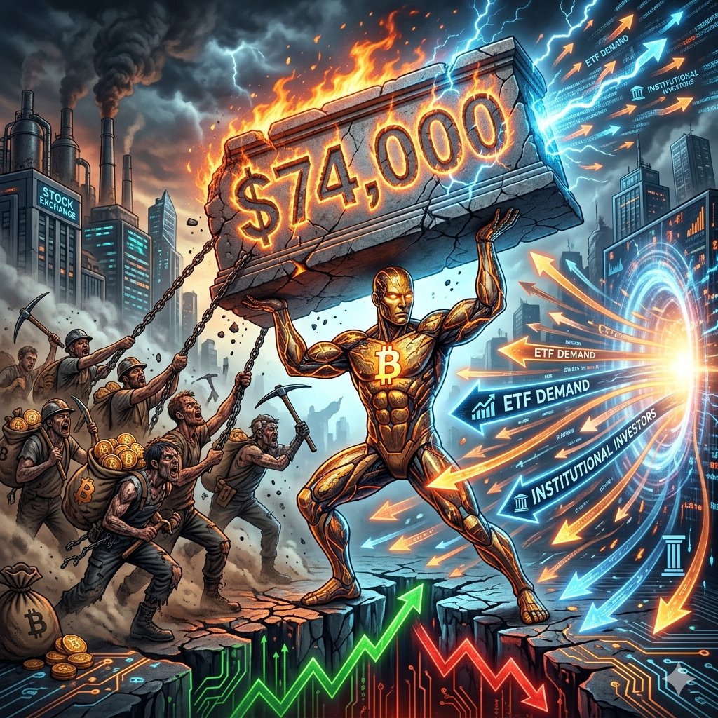 TheBitcoin__'s tweet image. Bitcoin has reclaimed $74K! The demand of ETF has been a key factor in the price hike. What other factors influence the cryptocurrency market? #Bitcoin #ETF #Cryptocurrency #Market