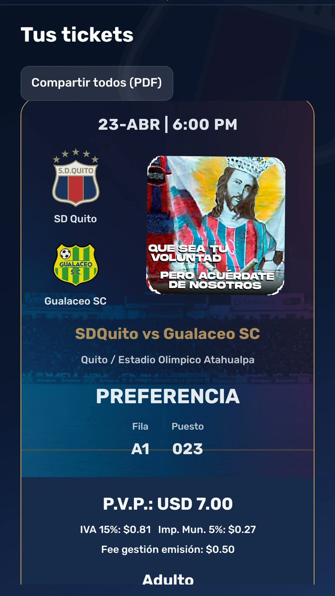 Bendita aplicación <a href="/SDQuito_Oficial/">SD Quito Oficial</a> la compra me tomo 1 minuto💙❤️ nos vemos el 23 viejo amigo.
Sin falta