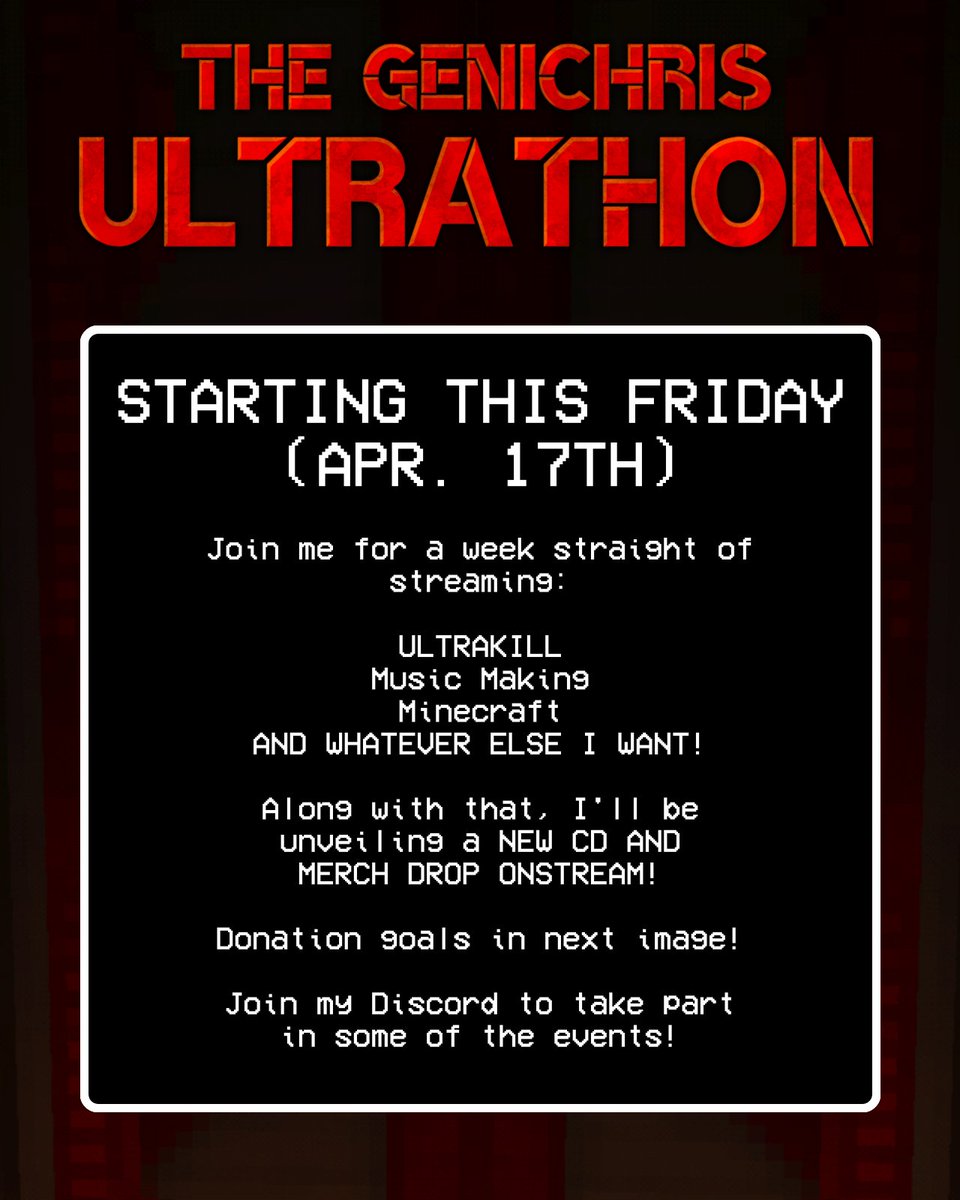 ItsGenichris's tweet photo. THE GENICHRIS ULTRATHON

STARTING FRIDAY ON YOUTUBE

READ UP AND CHECK THE REPLIES FOR THE FIRST STREAM! https://t.co/9LDZzOZpq1
