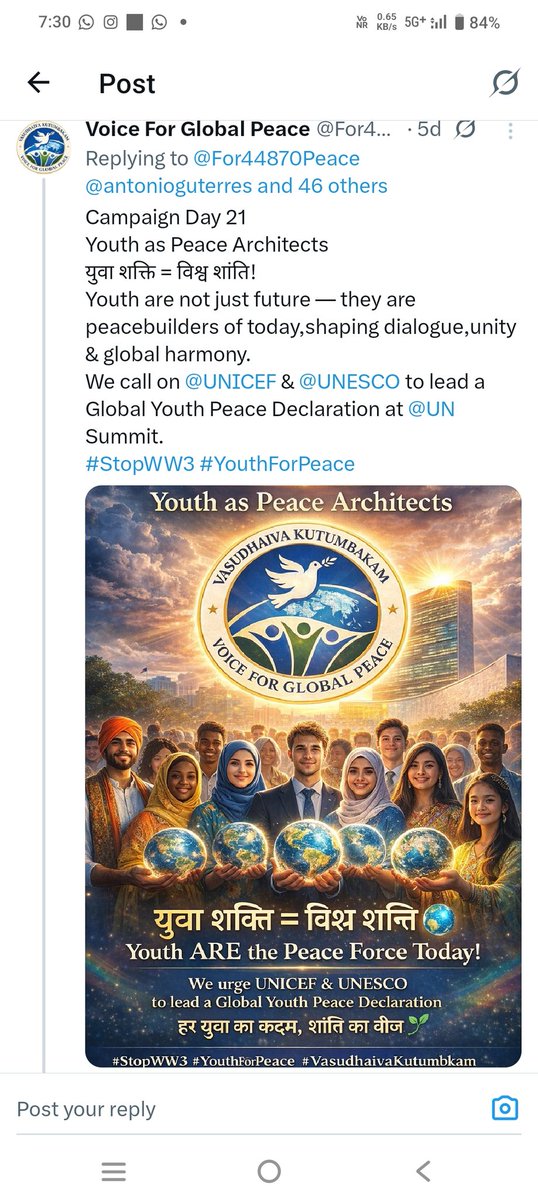 For44870Peace's tweet photo. @Reuters Global tensions demand wisdom, not provocation. Leadership must unite humanity—not divide it.
Voice for Global Peace 🌍🕊️
Choose dialogue. Prevent conflict. Protect our future.
#StopWorldWar3 #GlobalPeace #PeaceNow #Diplomacy #HumanityFirst #VoiceForGlobalPeace https://t.co/uogWITmdfg
