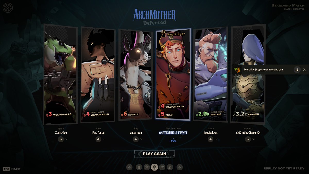 On my second day of playing Deadlock things are finally starting to click a little. While my team did lose I finally earned key player! 

So far Doorman &amp; Paige I'm best with but also want to get good with Drifter.

#deadlock #Doorman
