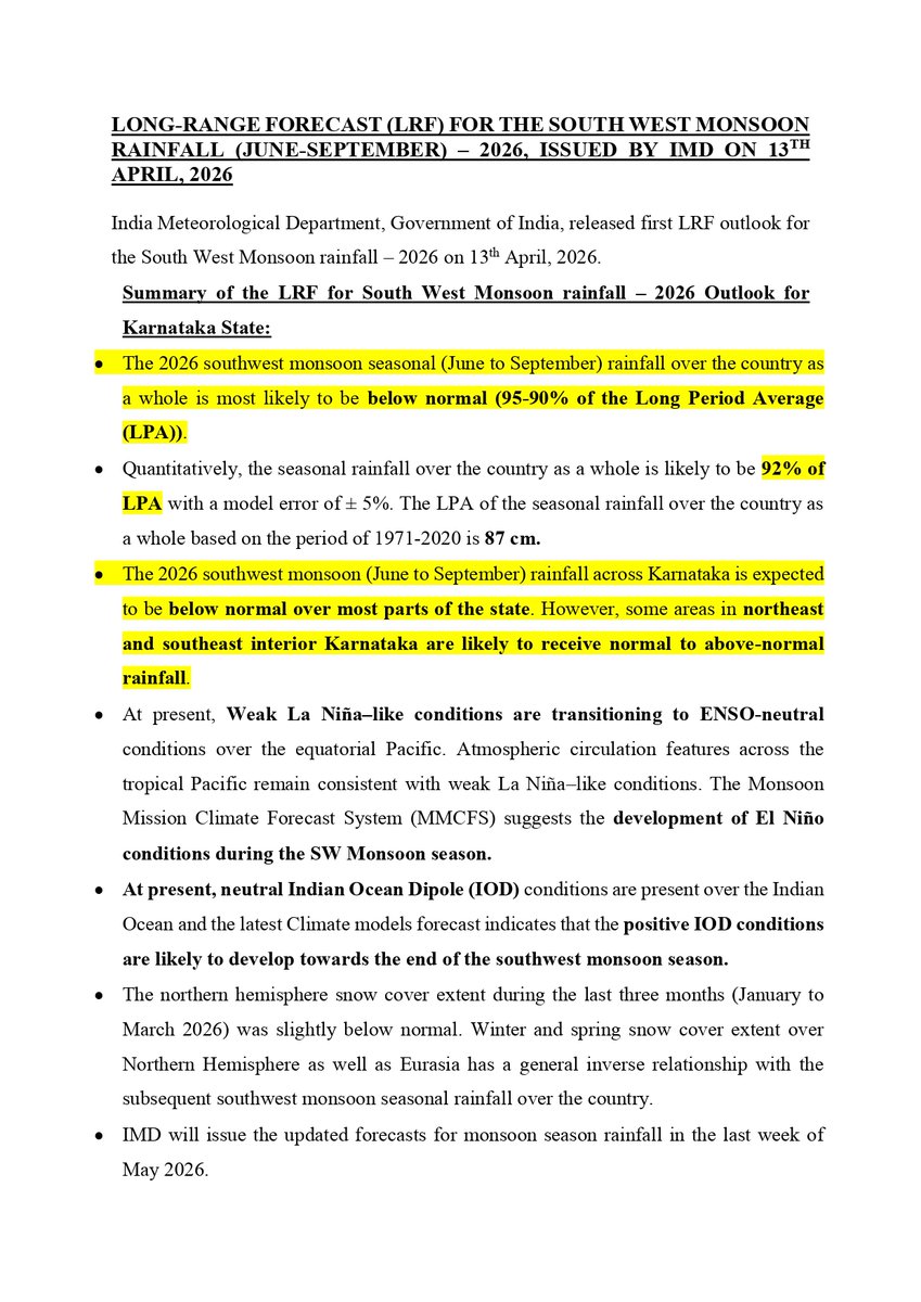 KarnatakaSNDMC's tweet image. 🌧️#SouthWestMonsoon 2026 Outlook for #Karnataka by @Indiametdept 
The 𝗠𝗼𝗻𝘀𝗼𝗼𝗻 𝟮𝟬𝟮𝟲 is expected to be 𝗯𝗲𝗹𝗼𝘄 𝗻𝗼𝗿𝗺𝗮𝗹 across most parts of Karnataka.
📊 𝗛𝗶𝗴𝗵𝗹𝗶𝗴𝗵𝘁𝘀:
• Overall rainfall in India likely around 𝟵𝟮% 𝗼𝗳 𝗹𝗼𝗻𝗴-𝘁𝗲𝗿𝗺 𝗮𝘃𝗲𝗿𝗮𝗴𝗲
